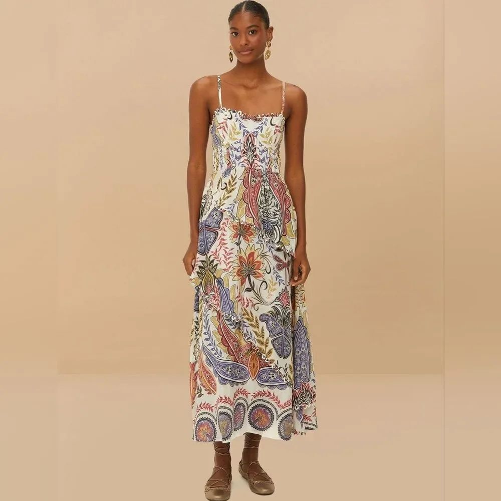Farm Rio Off-White Boho Glam Loopy Trim Maxi Dress Size XL